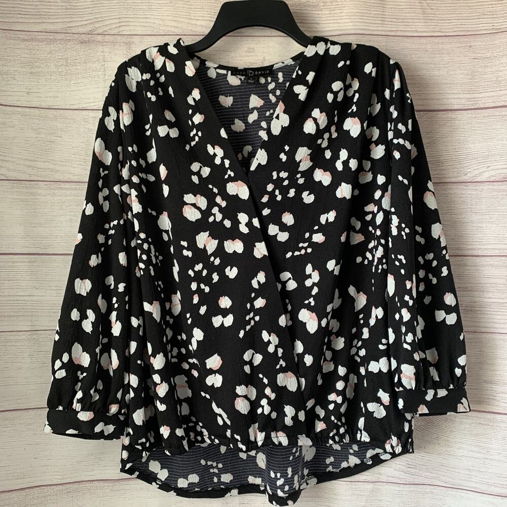 Fred David Black with White and Pink Splotchy Polka Dot Wrap Front Blouse Size L